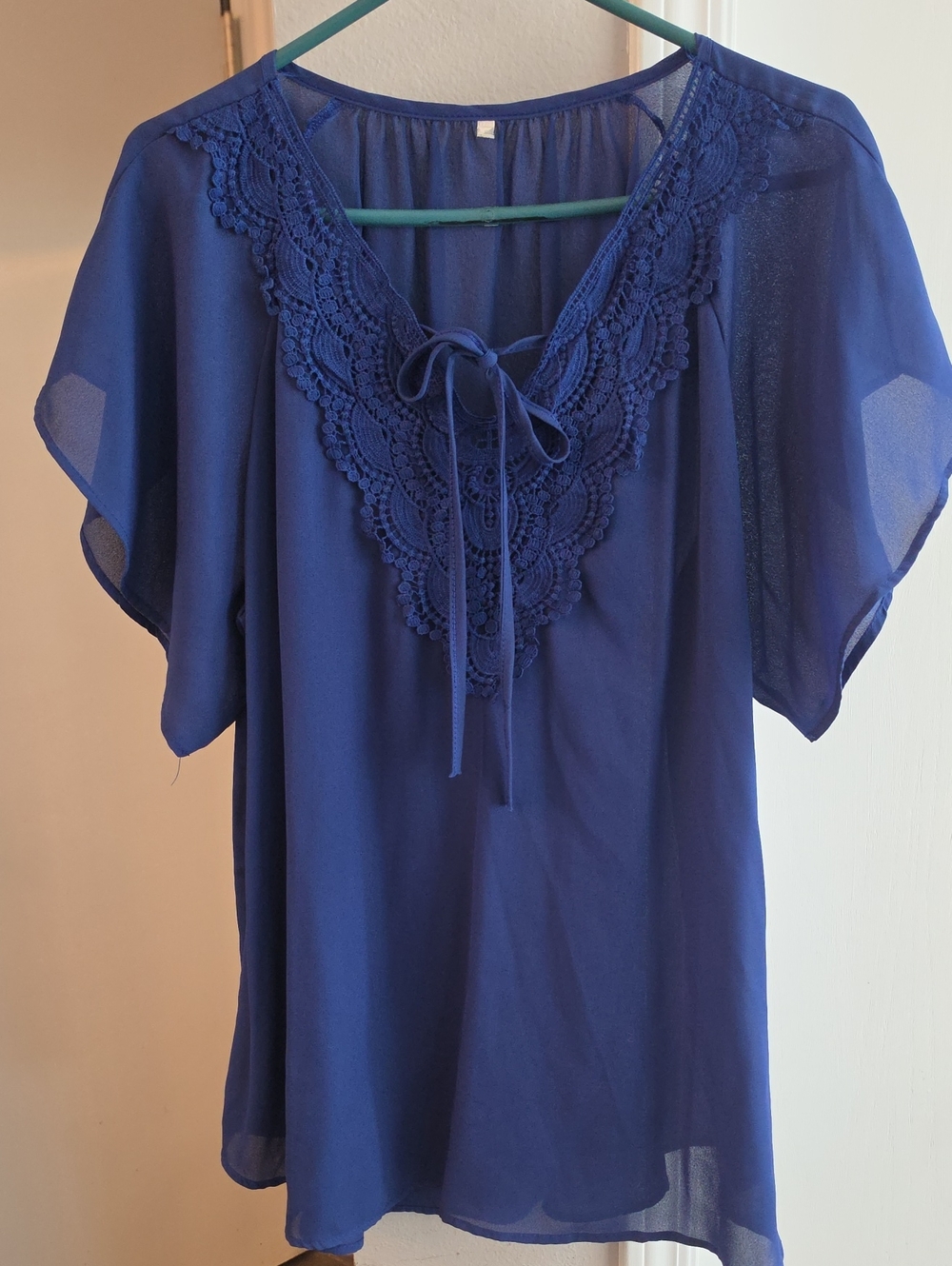 Women's Blue Crochet V-Neck Tie Blouse